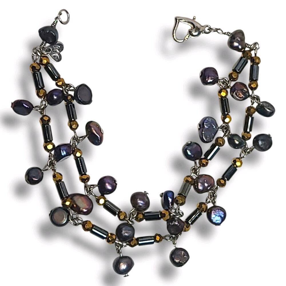 Artisan‎ Signed MC Tahitian Pearl & Crystal Bracelet 8" Native American